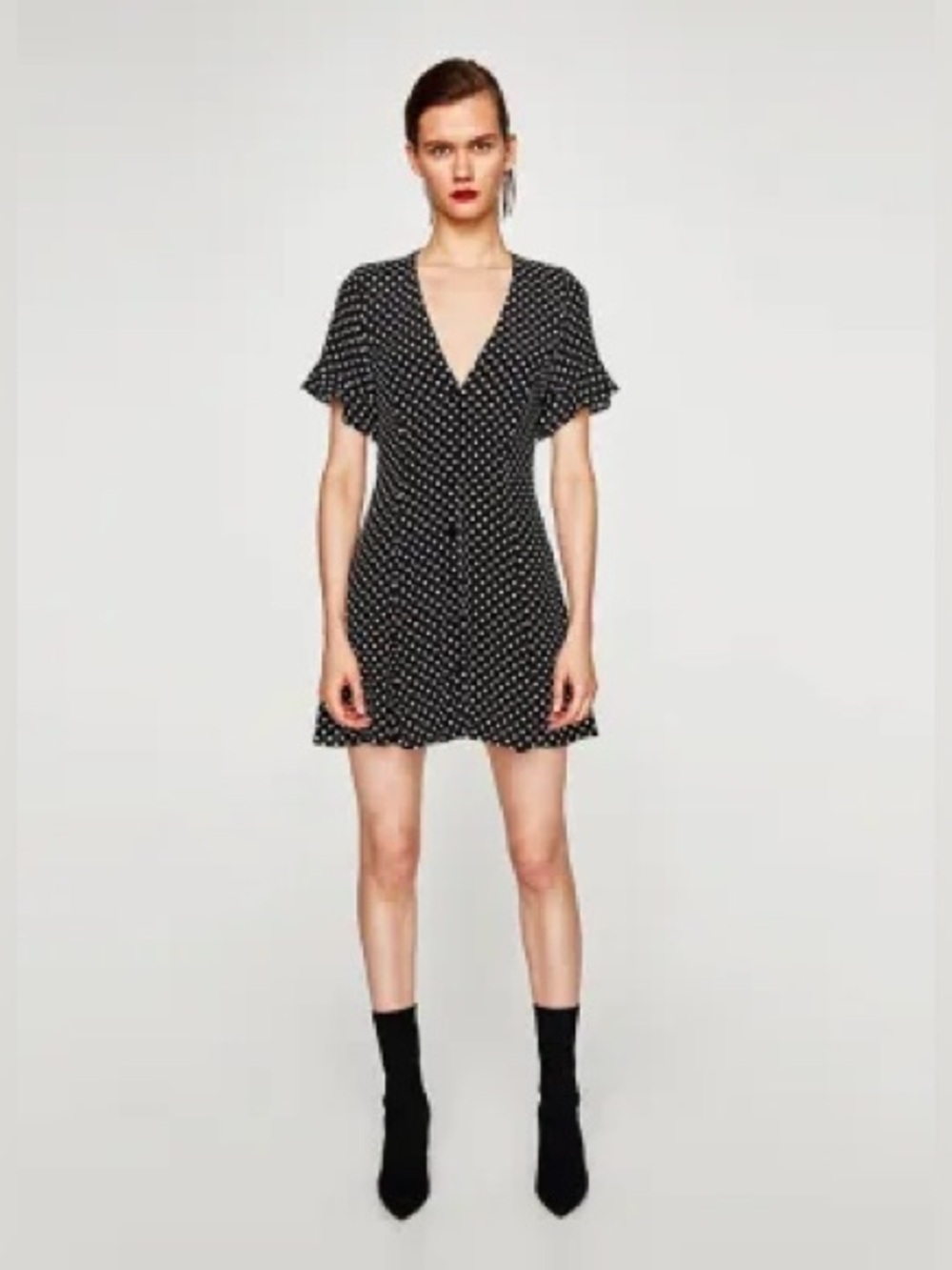 ZARA Black Polka Dot Mini Dress Size Small Ruffle Sleeve 90s Romantic - Picture 3 of 8